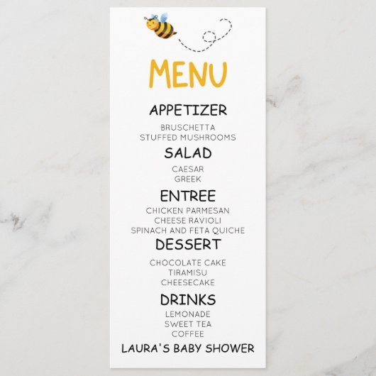 Baby shower van gele honingbijen menu (Voorkant)