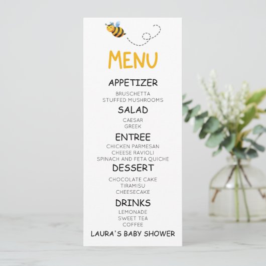 Baby shower van gele honingbijen menu (Staand voorkant)