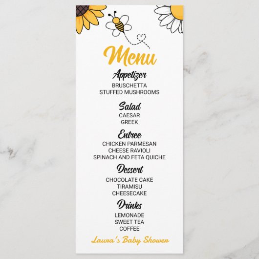 Baby shower van gele honingbijen menu (Voorkant)