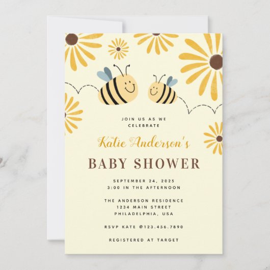 Baby shower van gematigde geelbruin en zonnebloeme kaart (Voorkant)