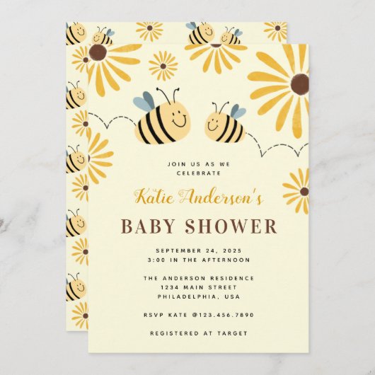 Baby shower van gematigde geelbruin en zonnebloeme kaart (Voorkant / Achterkant)