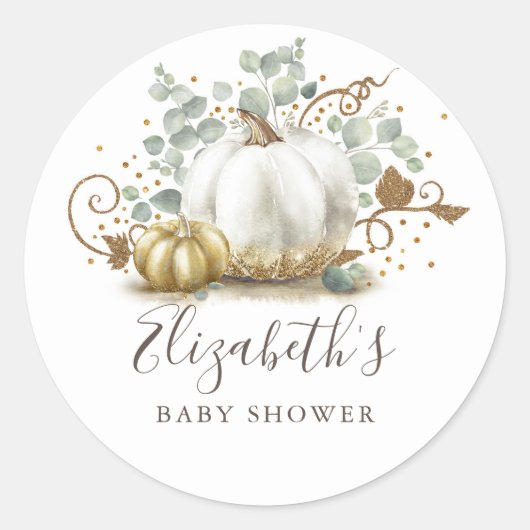 Baby shower van gouden Herfst en witte pompoen Ronde Sticker (Voorkant)