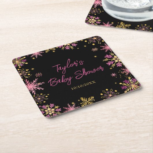 Baby shower van goudkleurige en roze snowflakes kartonnen onderzetters (Schuin)