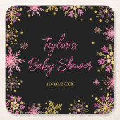 Baby shower van goudkleurige en roze snowflakes kartonnen onderzetters (Voorkant)