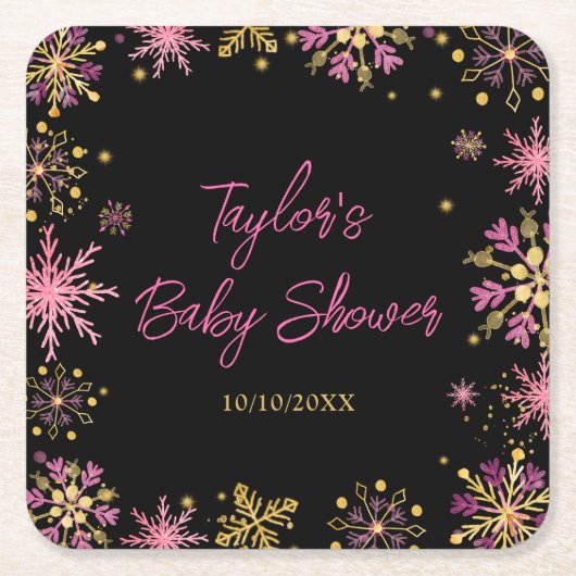 Baby shower van goudkleurige en roze snowflakes kartonnen onderzetters (Voorkant)