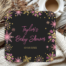 Baby shower van goudkleurige en roze snowflakes kartonnen onderzetters