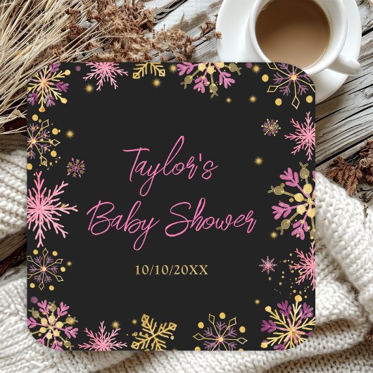 Baby shower van goudkleurige en roze snowflakes kartonnen onderzetters