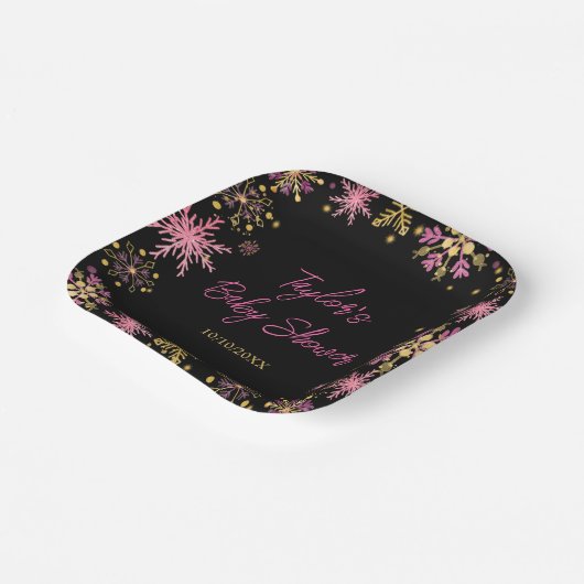 Baby shower van goudkleurige en roze snowflakes papieren bordje (Gebogen)