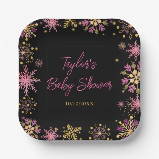 Baby shower van goudkleurige en roze snowflakes papieren bordje (Voorkant)
