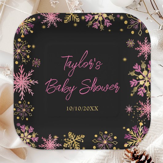 Baby shower van goudkleurige en roze snowflakes papieren bordje