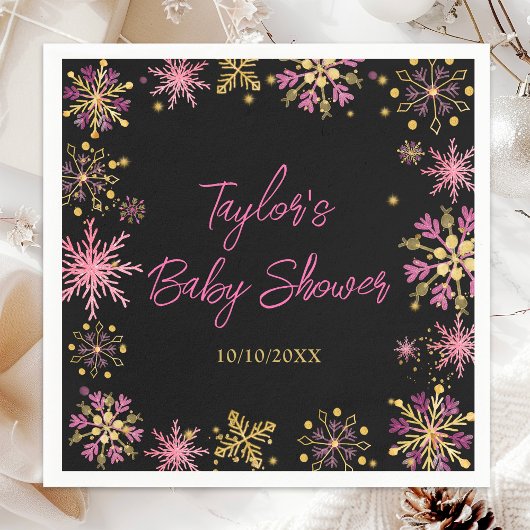 Baby shower van goudkleurige en roze snowflakes servet