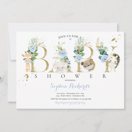 Baby shower van grauwe en goudhoudende dieren kaart (Voorkant)