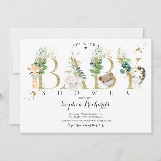 Baby shower van grauwe en goudveteranen kaart (Voorkant)