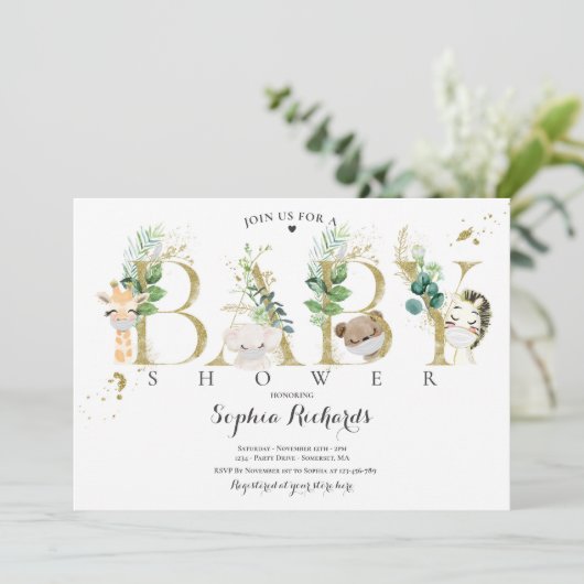 Baby shower van grauwe en goudveteranen kaart (Staand voorkant)