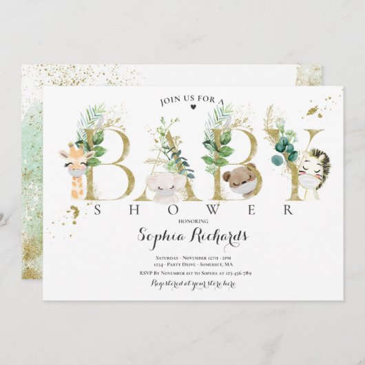 Baby shower van grauwe en goudveteranen kaart (Voorkant / Achterkant)