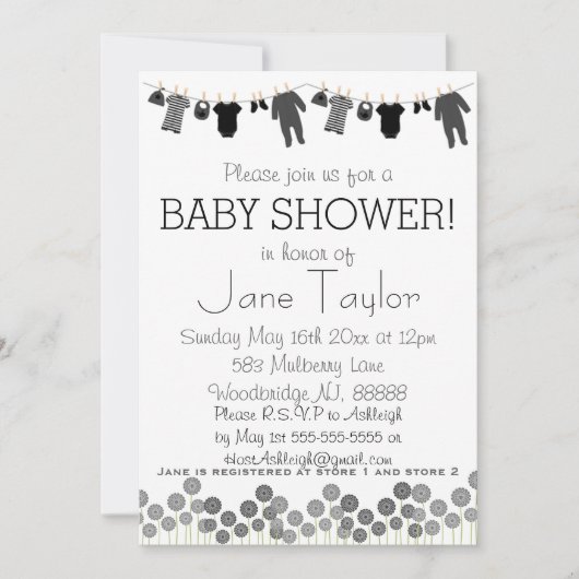 Baby shower van grijze en zwarte kleine kleren kaart (Voorkant)