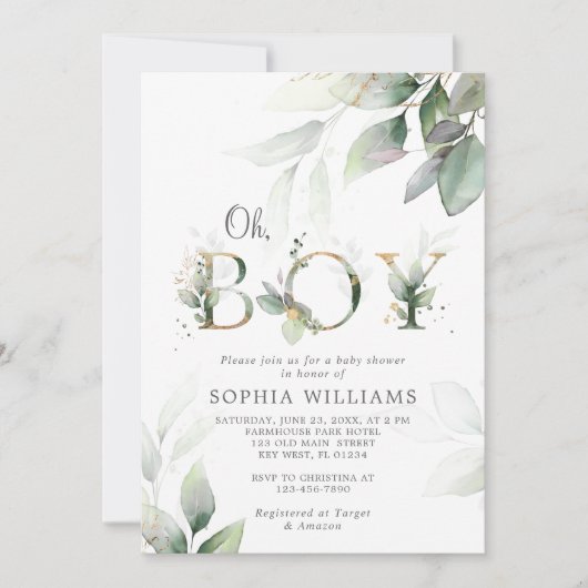 Baby shower van groene en gouden eucalyptus kaart (Voorkant)