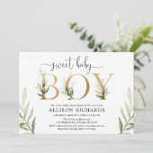 Baby shower van groene en goudgroene moderne jonge kaart (Staand voorkant)