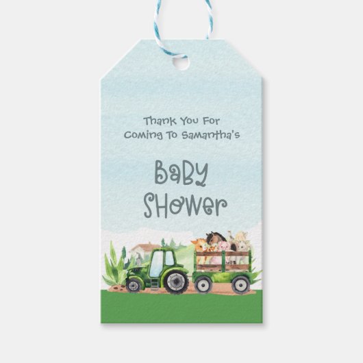 Baby shower van groene tractorboys voor landbouwhu cadeaulabel (Voorkant)
