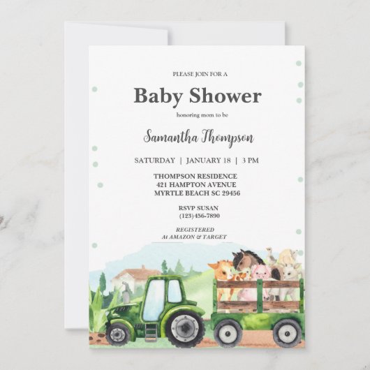 Baby shower van groene tractorboys voor landbouwhu kaart (Voorkant)