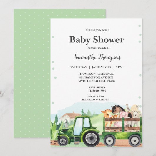 Baby shower van groene tractorboys voor landbouwhu kaart (Voorkant / Achterkant)