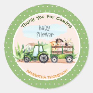 Baby shower van groene tractorboys voor landbouwhu ronde sticker