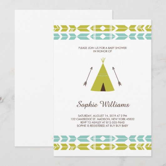 Baby shower van Groene Tribale Teepee Kaart (Voorkant / Achterkant)