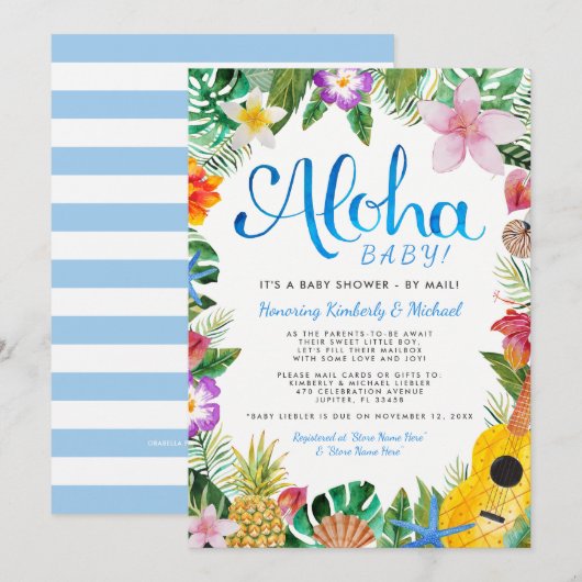 Baby shower van Hawaiian Luau per post | Blauw Kaart (Voorkant / Achterkant)