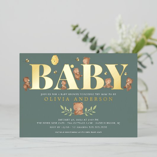 Baby shower van het Beer van groene honing Folie Uitnodiging (Staand Voorkant)