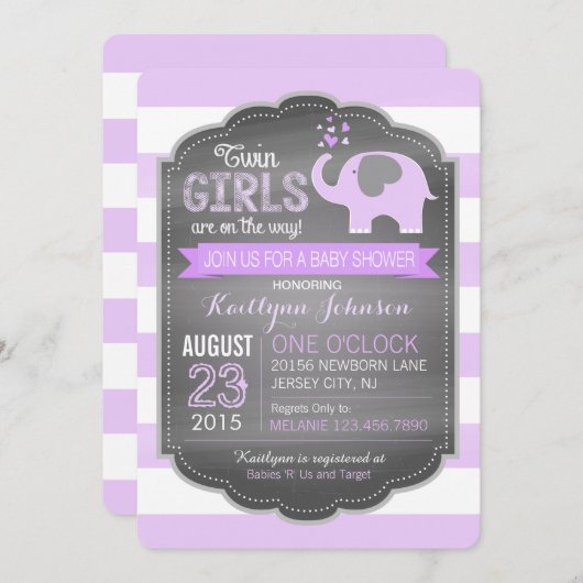 Baby shower van het lavendel Elephant Stripe Twin  Kaart (Voorkant / Achterkant)