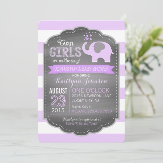 Baby shower van het lavendel Elephant Stripe Twin  Kaart (Staand voorkant)