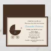 Baby shower van het Monogram Carriage Invite - Boy Kaart (Voorkant / Achterkant)