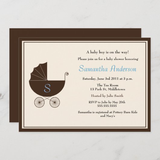 Baby shower van het Monogram Carriage Invite - Boy Kaart (Voorkant / Achterkant)
