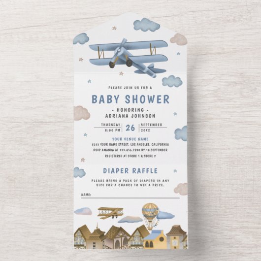 Baby shower van het  retroblauw vliegtuig all in one uitnodiging (Binnen)