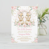 Baby shower van het Roze Floral Bunny Rabbit Twin Kaart (Staand voorkant)
