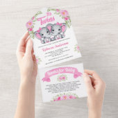 Baby shower van het roze Floral Elephant Twin Girl All In One Uitnodiging (Afscheurbaar)