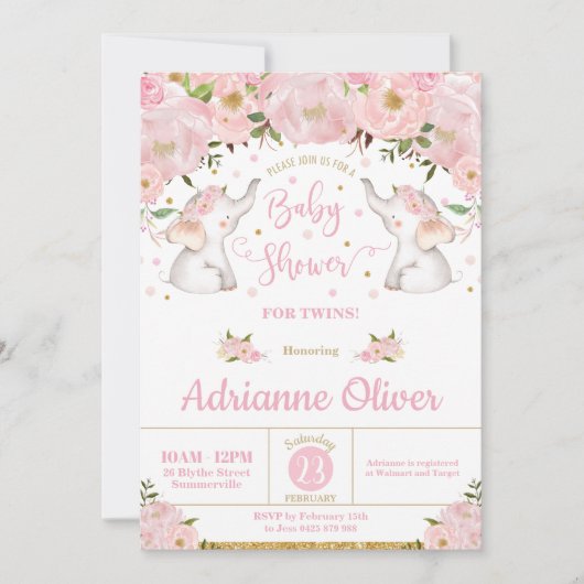 Baby shower van het roze Floral Elephant Twin Girl Kaart (Voorkant)