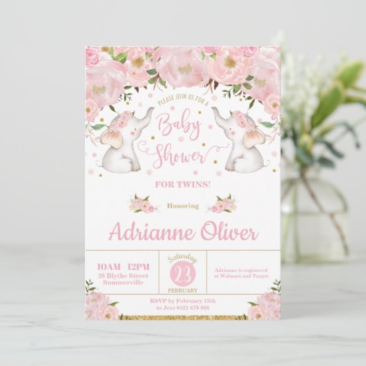 Baby shower van het roze Floral Elephant Twin Girl Kaart (Staand voorkant)