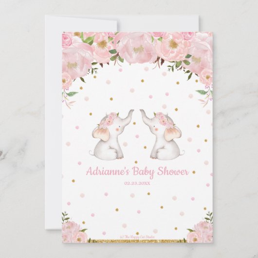 Baby shower van het roze Floral Elephant Twin Girl Kaart (Achterkant)