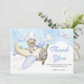Baby shower van het vliegtuig Blue Teddy Bear Bedankkaart (Staand voorkant)