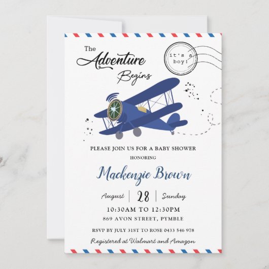  Baby shower van het vliegtuigvliegtuig "Blue Gold Kaart (Voorkant)