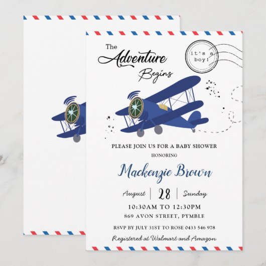  Baby shower van het vliegtuigvliegtuig "Blue Gold Kaart (Voorkant / Achterkant)