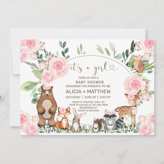 Baby shower van houtdieren, roze rozen. kaart (Voorkant)