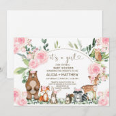 Baby shower van houtdieren, roze rozen. kaart (Voorkant / Achterkant)