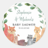 Baby shower van houtlanddieren ronde sticker (Voorkant)