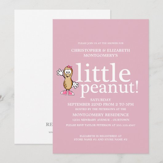 Baby shower van kleine pinda's (roze) kaart (Voorkant / Achterkant)