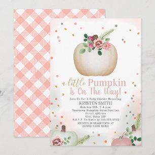 Baby shower van kleine pompoen met roze spelden kaart