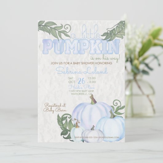 Baby shower van kleine pompoenblauw kaart (Staand voorkant)