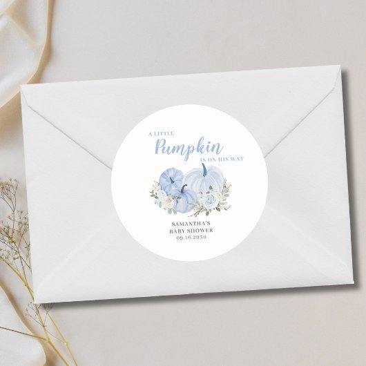 Baby shower van kleine pompoenblauw ronde sticker