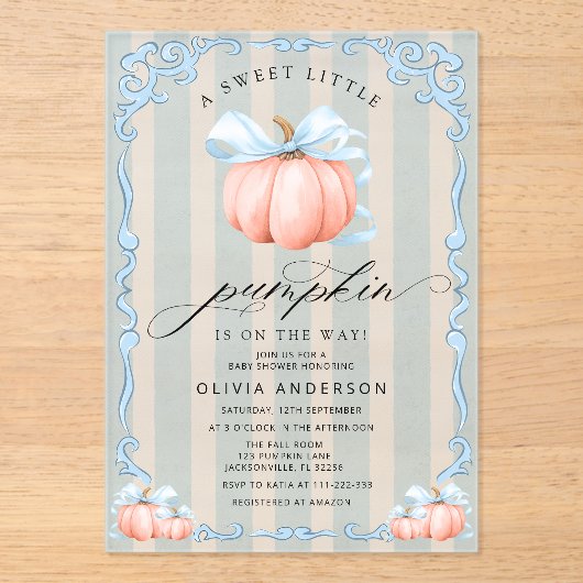 Baby shower van kleine pompoenen acryl uitnodigingen (Voorkant)